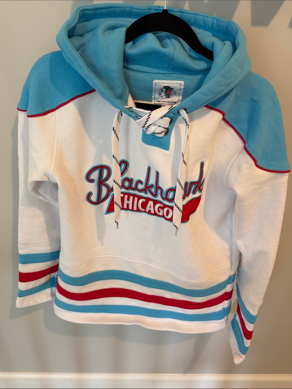 Chicago Blackhawks Lace-Up Hoodie Sweatshirt - White & Light Blue